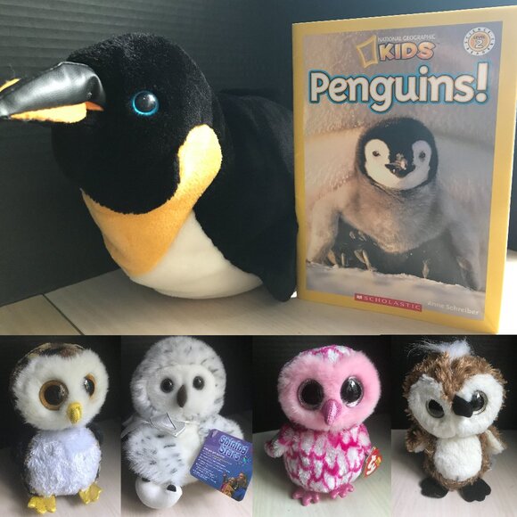 Penguin + 4 Owl Plush Bundle - Picture 1 of 16